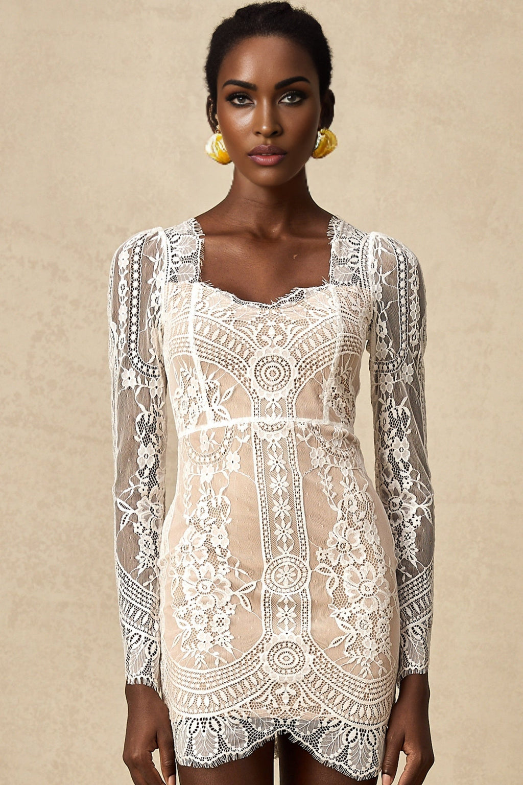 Amalia Mini Dress – Square Neck – Long Semi - Sheer Sleeves – Lace Panelling