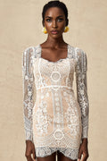 Amalia Mini Dress – Square Neck – Long Semi - Sheer Sleeves – Lace Panelling