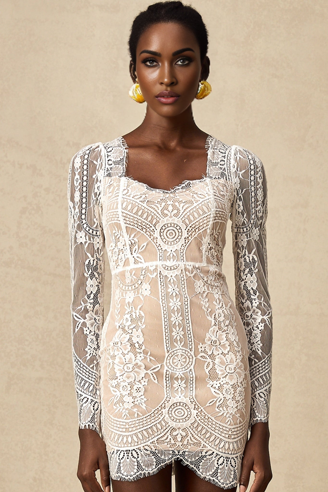 Amalia Mini Dress – Square Neck – Long Semi - Sheer Sleeves – Lace Panelling