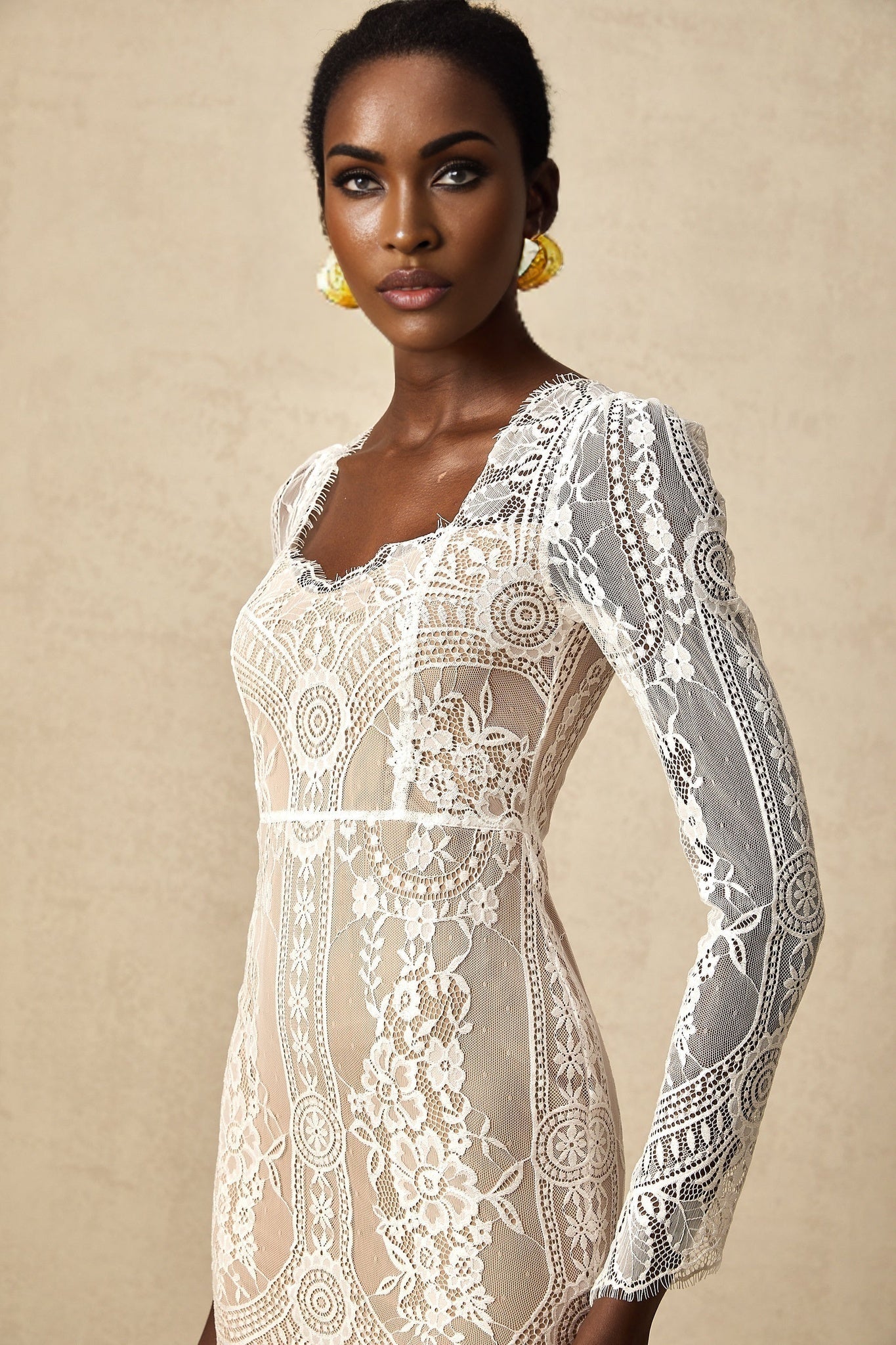 Amalia Mini Dress – Square Neck – Long Semi - Sheer Sleeves – Lace Panelling