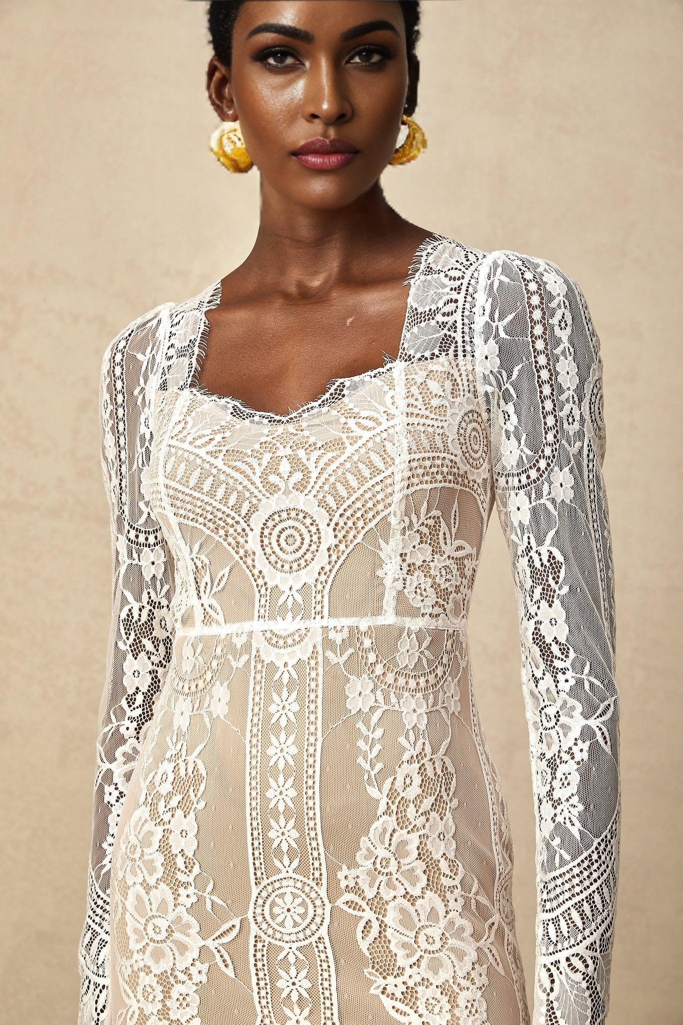 Amalia Mini Dress – Square Neck – Long Semi - Sheer Sleeves – Lace Panelling