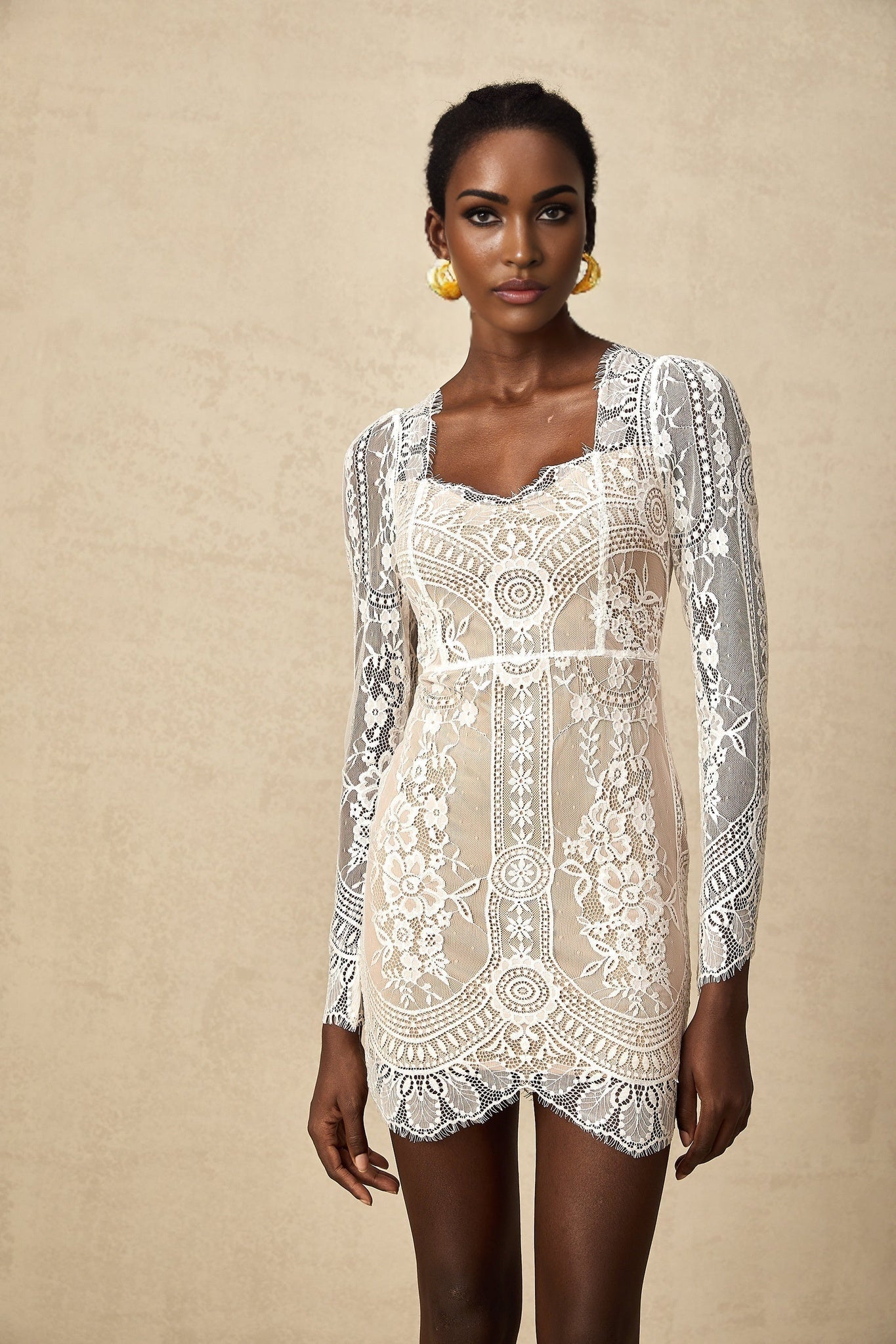 Amalia Mini Dress – Square Neck – Long Semi - Sheer Sleeves – Lace Panelling