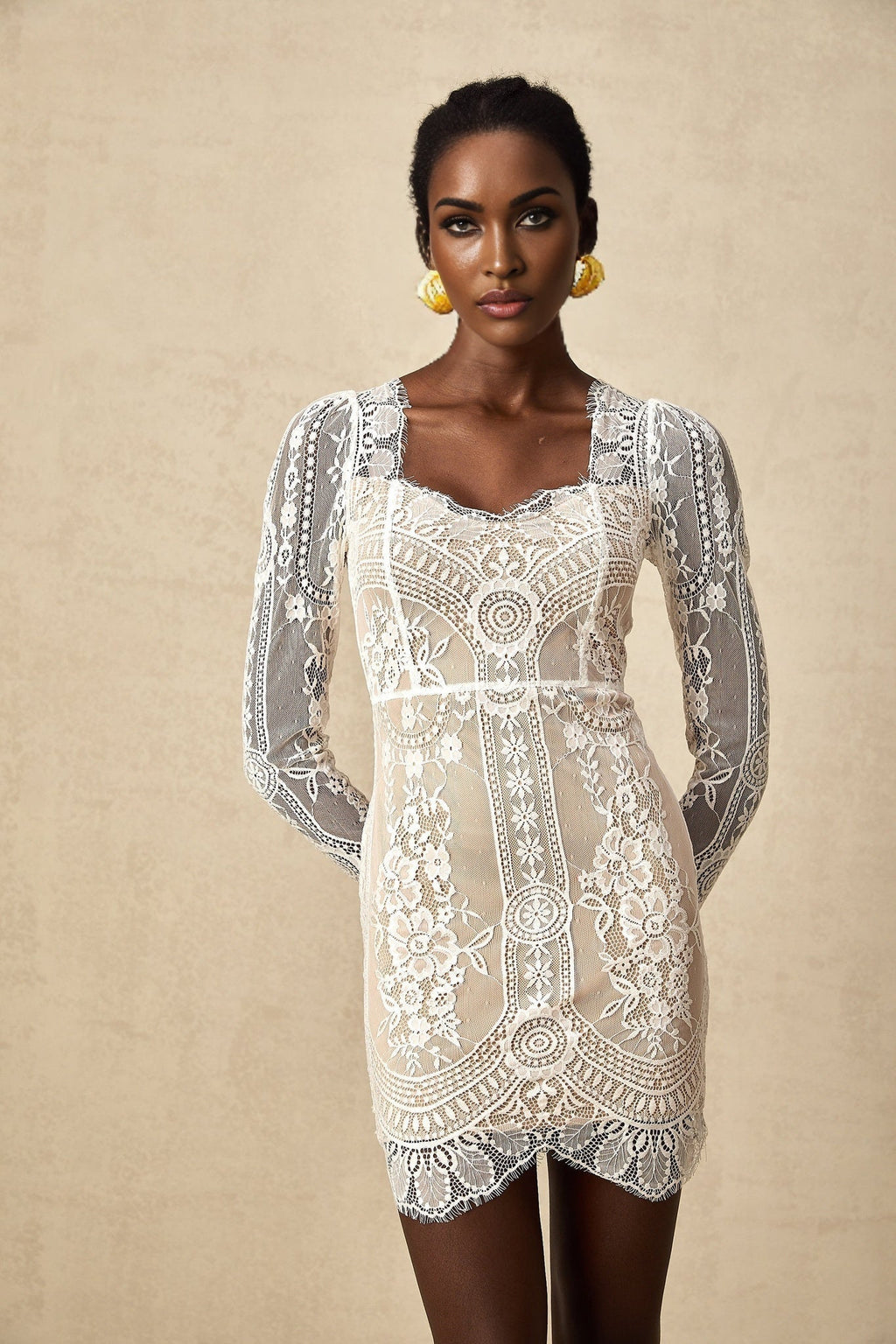 Amalia Mini Dress – Square Neck – Long Semi - Sheer Sleeves – Lace Panelling