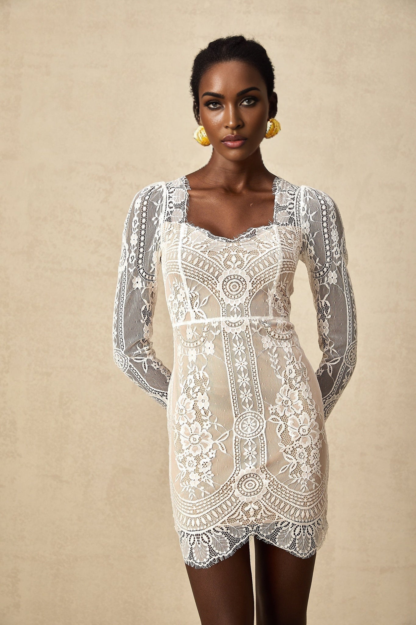 Amalia Mini Dress – Square Neck – Long Semi - Sheer Sleeves – Lace Panelling