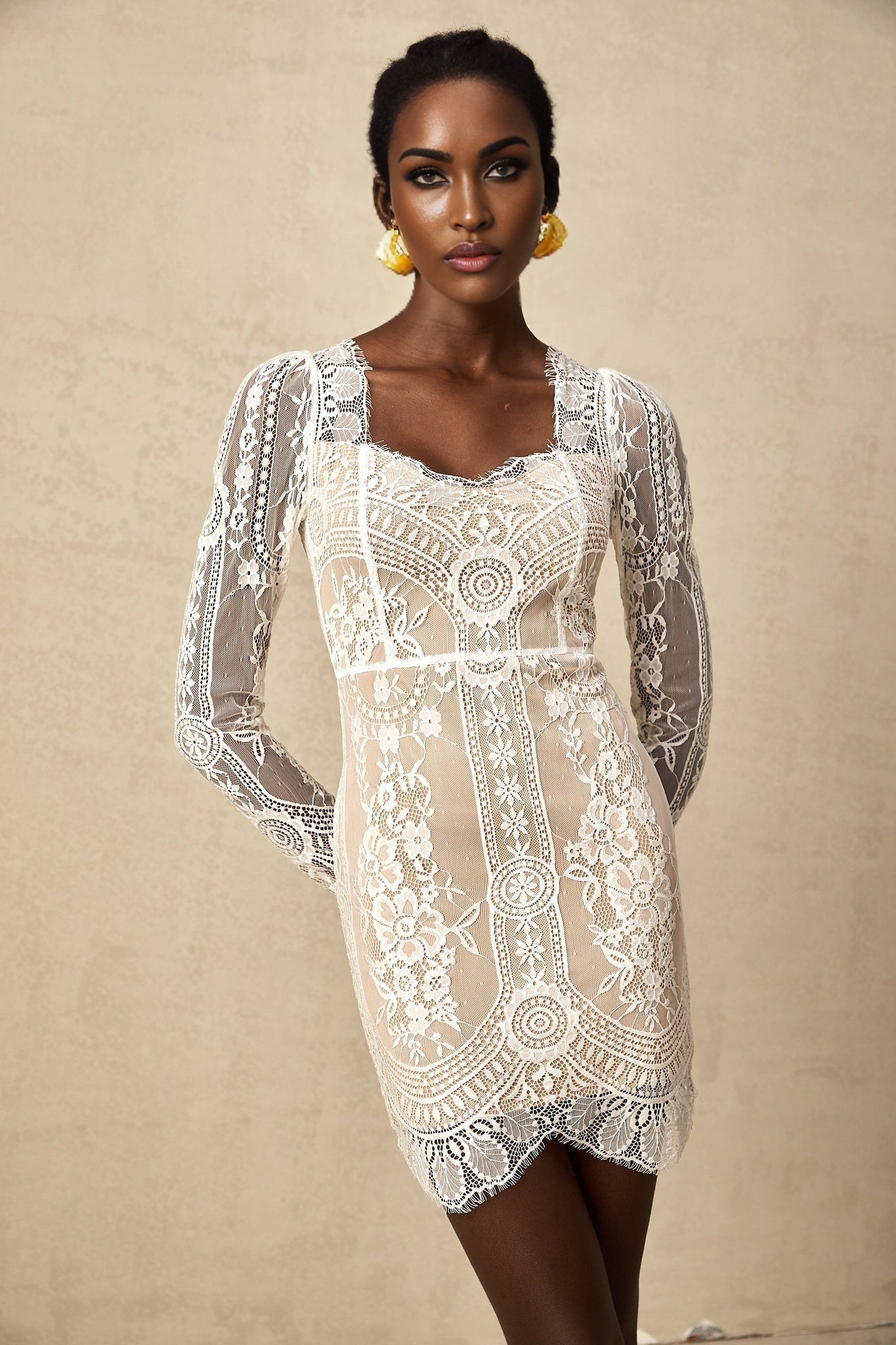 Amalia Mini Dress – Square Neck – Long Semi - Sheer Sleeves – Lace Panelling