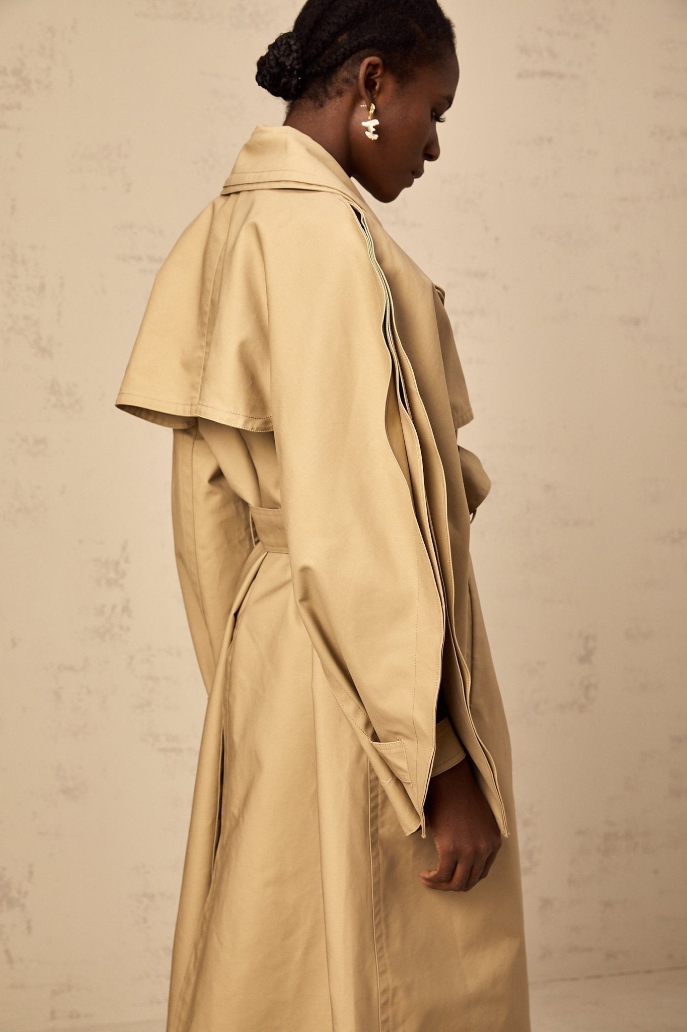 Amalia Trench Coat - Wide Layered Lapels - V - Neck - Curved Sleeves - Belted Waist