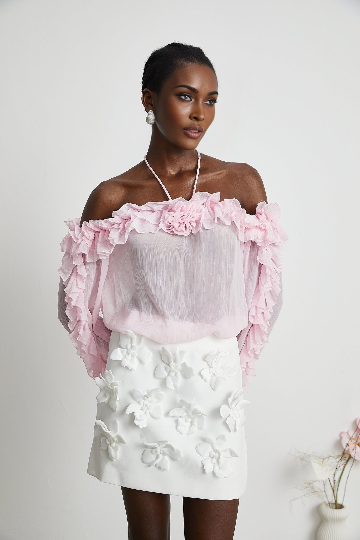 Amara Halter Blouse - Ruffle Trim - Floral Appliqué - Long Sleeves - Sheer Look