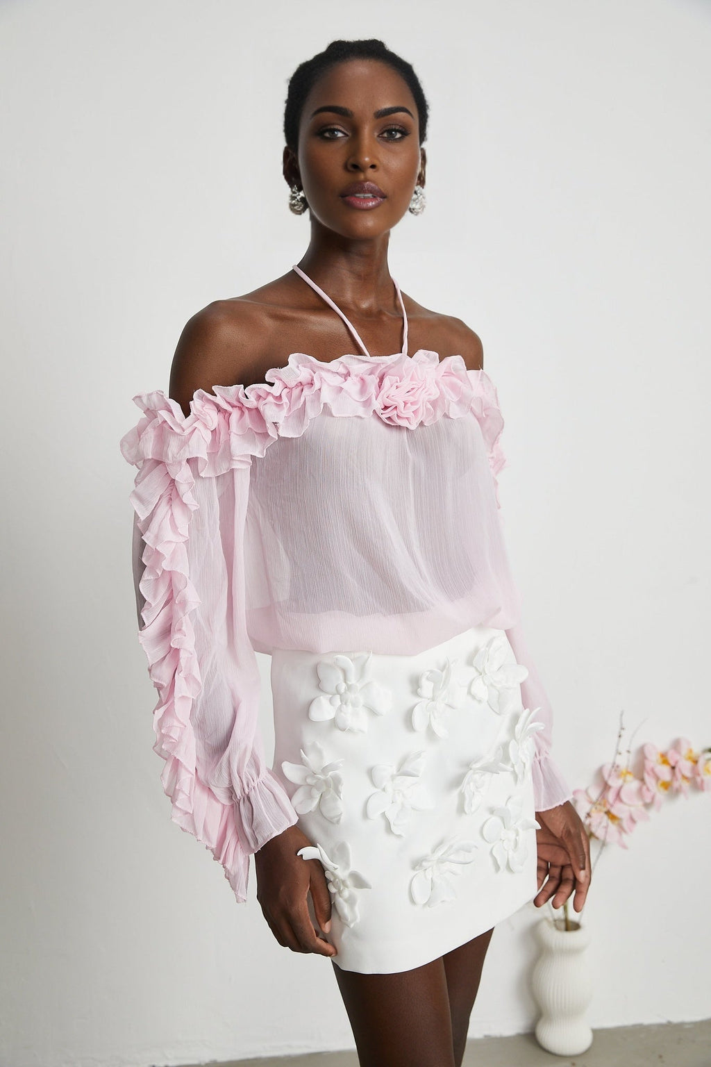 Amara Halter Blouse - Ruffle Trim - Floral Appliqué - Long Sleeves - Sheer Look