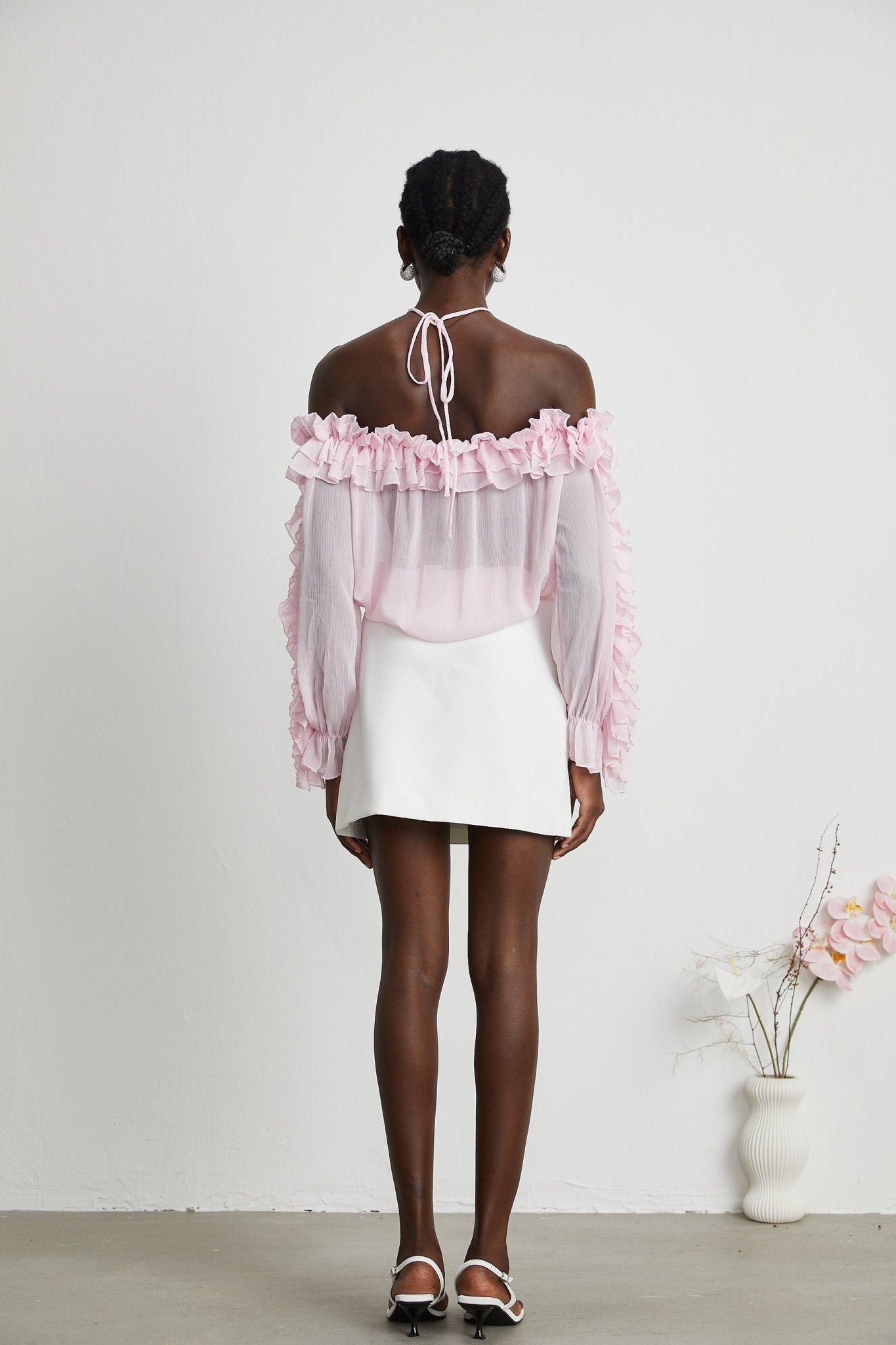 Amara Halter Blouse - Ruffle Trim - Floral Appliqué - Long Sleeves - Sheer Look