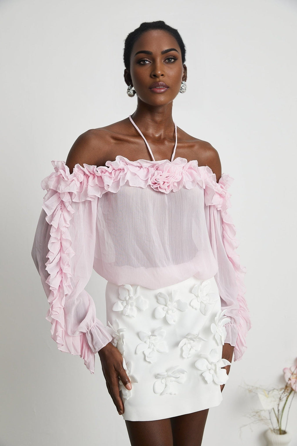 Amara Halter Blouse - Ruffle Trim - Floral Appliqué - Long Sleeves - Sheer Look