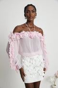 Amara Halter Blouse - Ruffle Trim - Floral Appliqué - Long Sleeves - Sheer Look