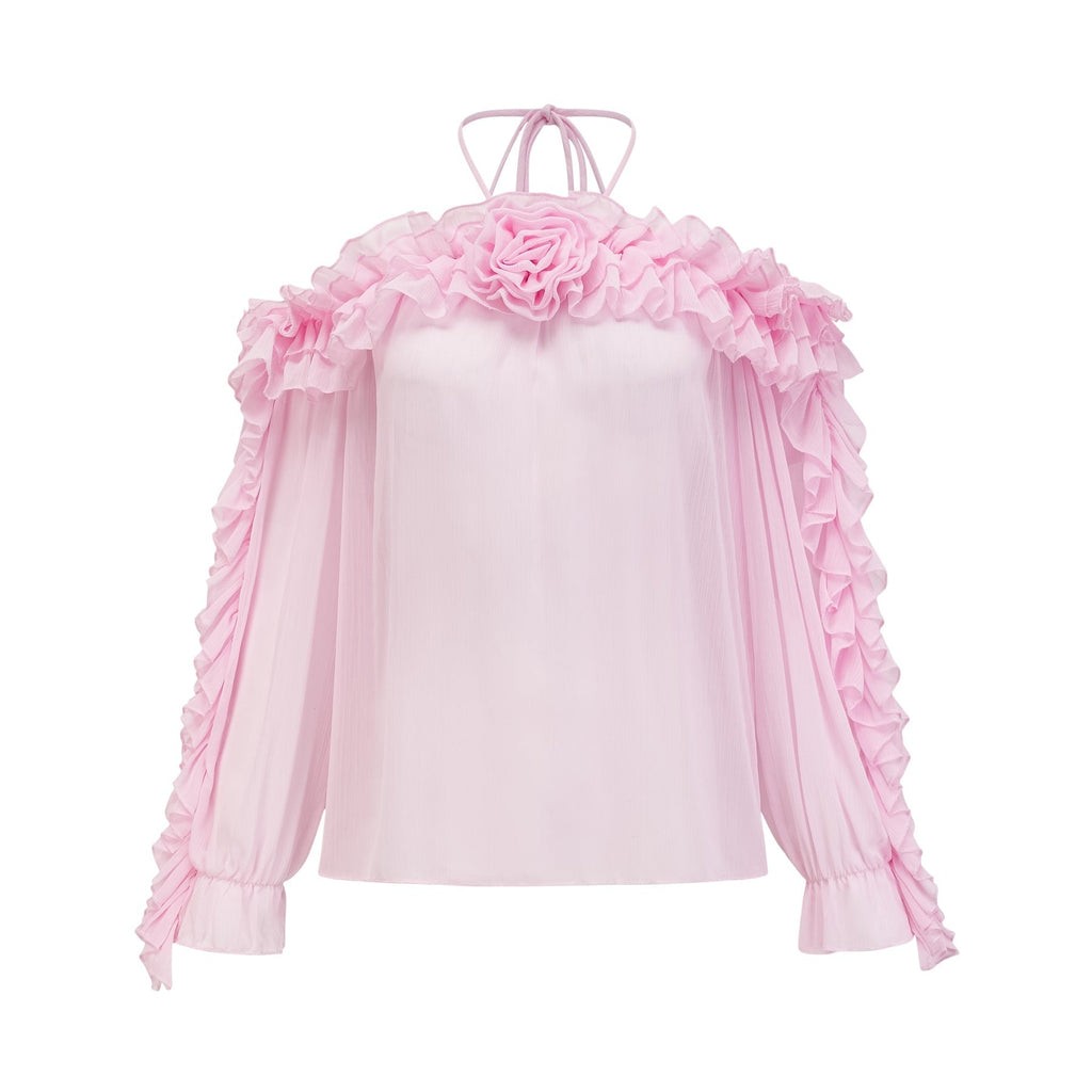 Amara Halter Blouse - Ruffle Trim - Floral Appliqué - Long Sleeves - Sheer Look