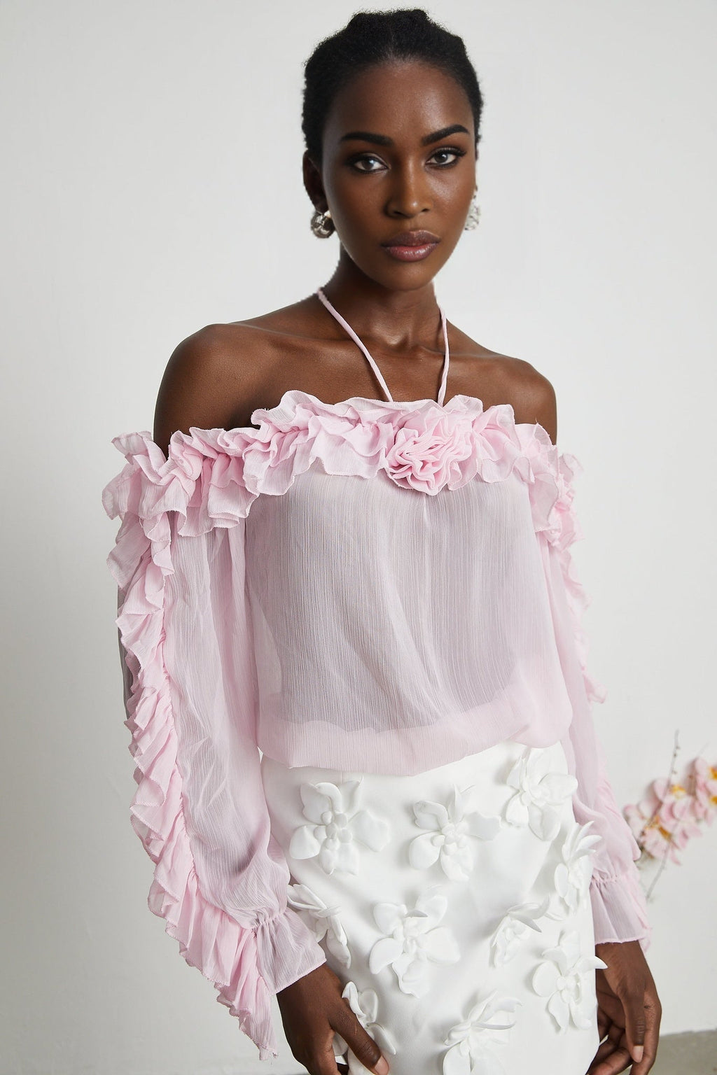 Amara Halter Blouse - Ruffle Trim - Floral Appliqué - Long Sleeves - Sheer Look