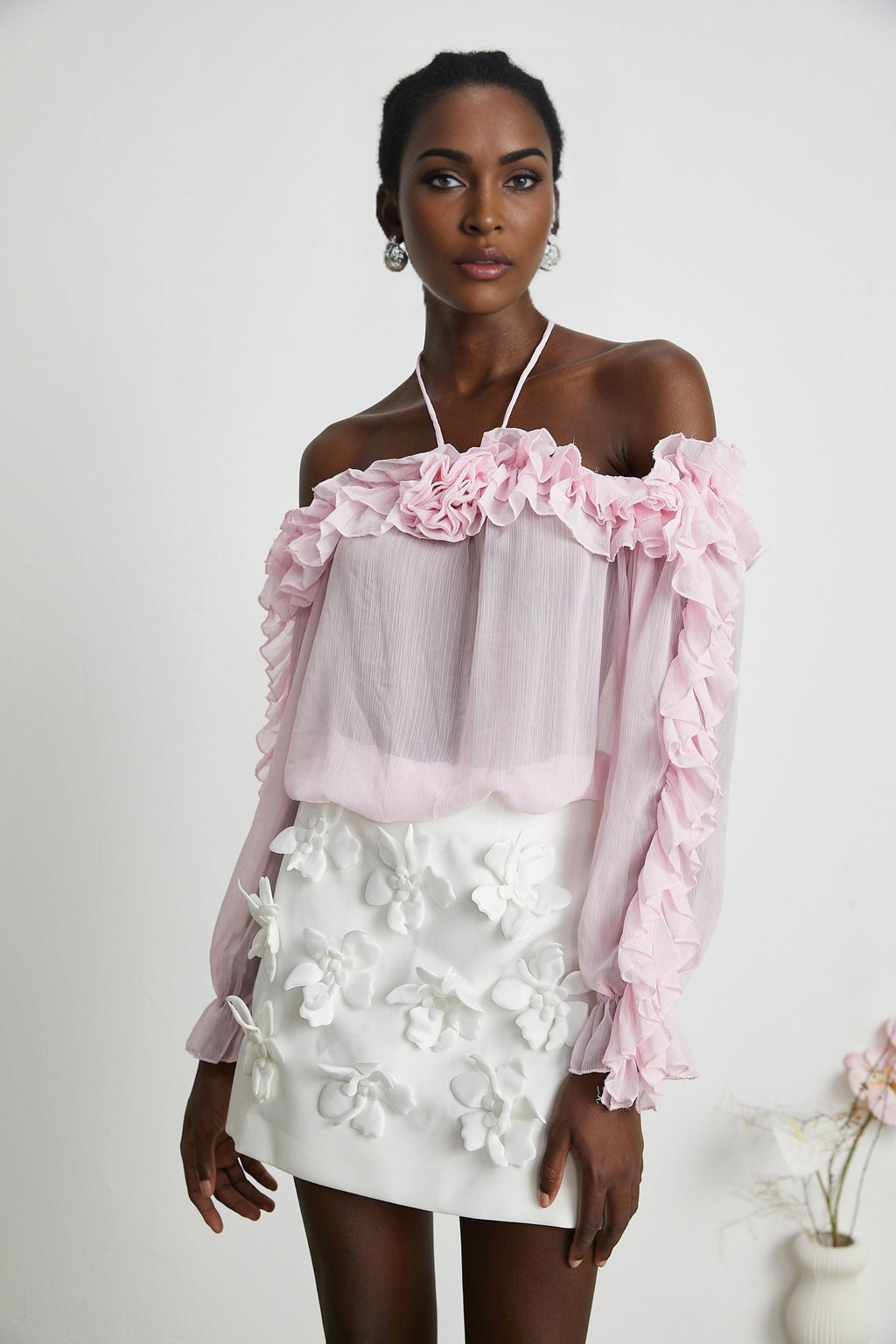 Amara Halter Blouse - Ruffle Trim - Floral Appliqué - Long Sleeves - Sheer Look