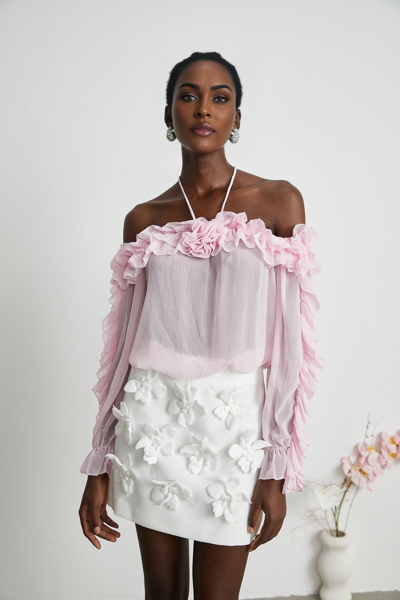 Amara Halter Blouse - Ruffle Trim - Floral Appliqué - Long Sleeves - Sheer Look