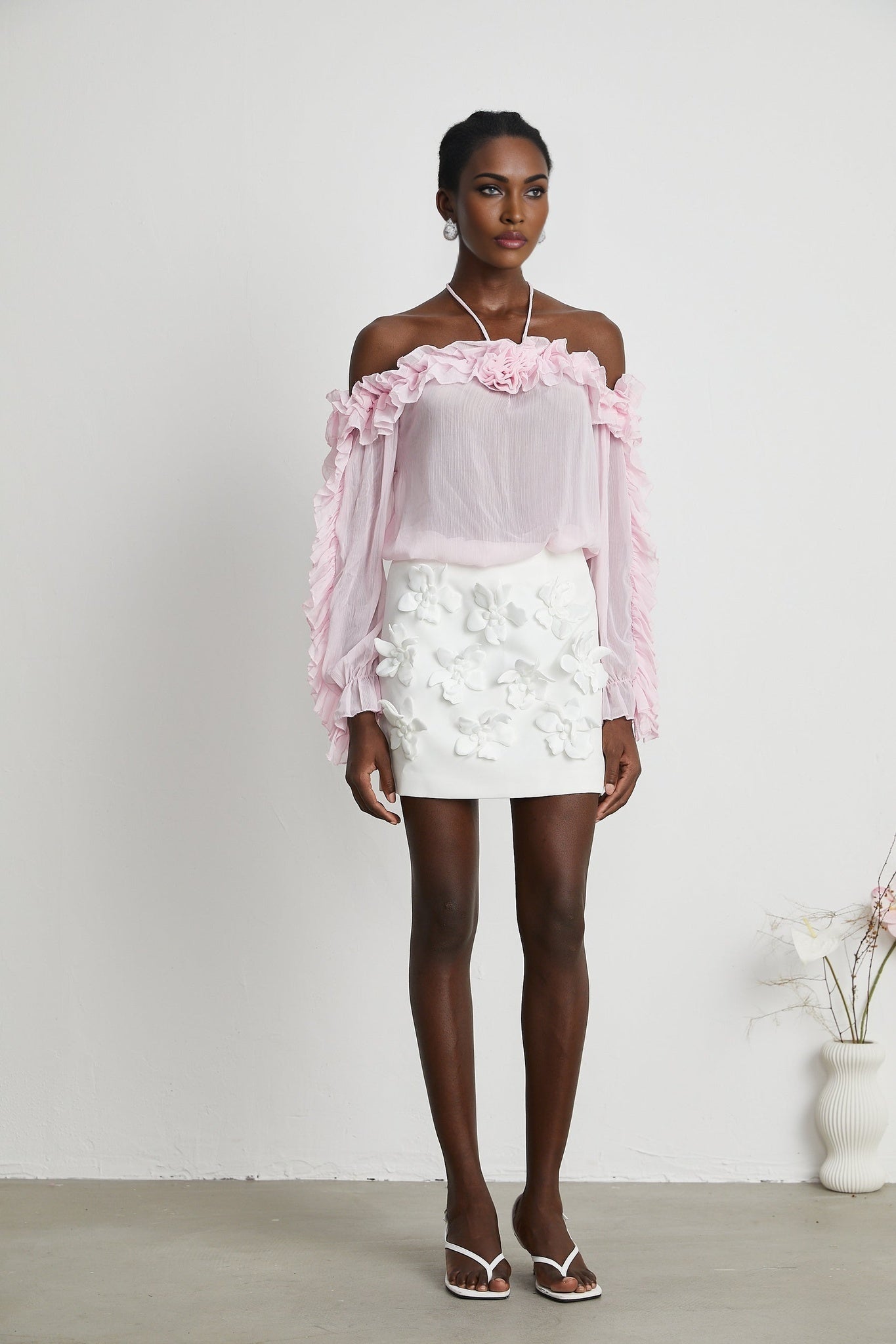 Amara Halter Blouse - Ruffle Trim - Floral Appliqué - Long Sleeves - Sheer Look