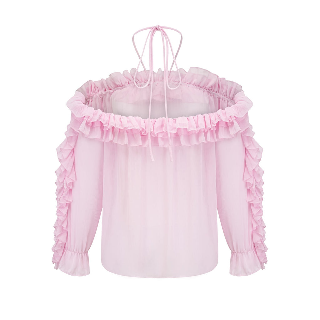 Amara Halter Blouse - Ruffle Trim - Floral Appliqué - Long Sleeves - Sheer Look