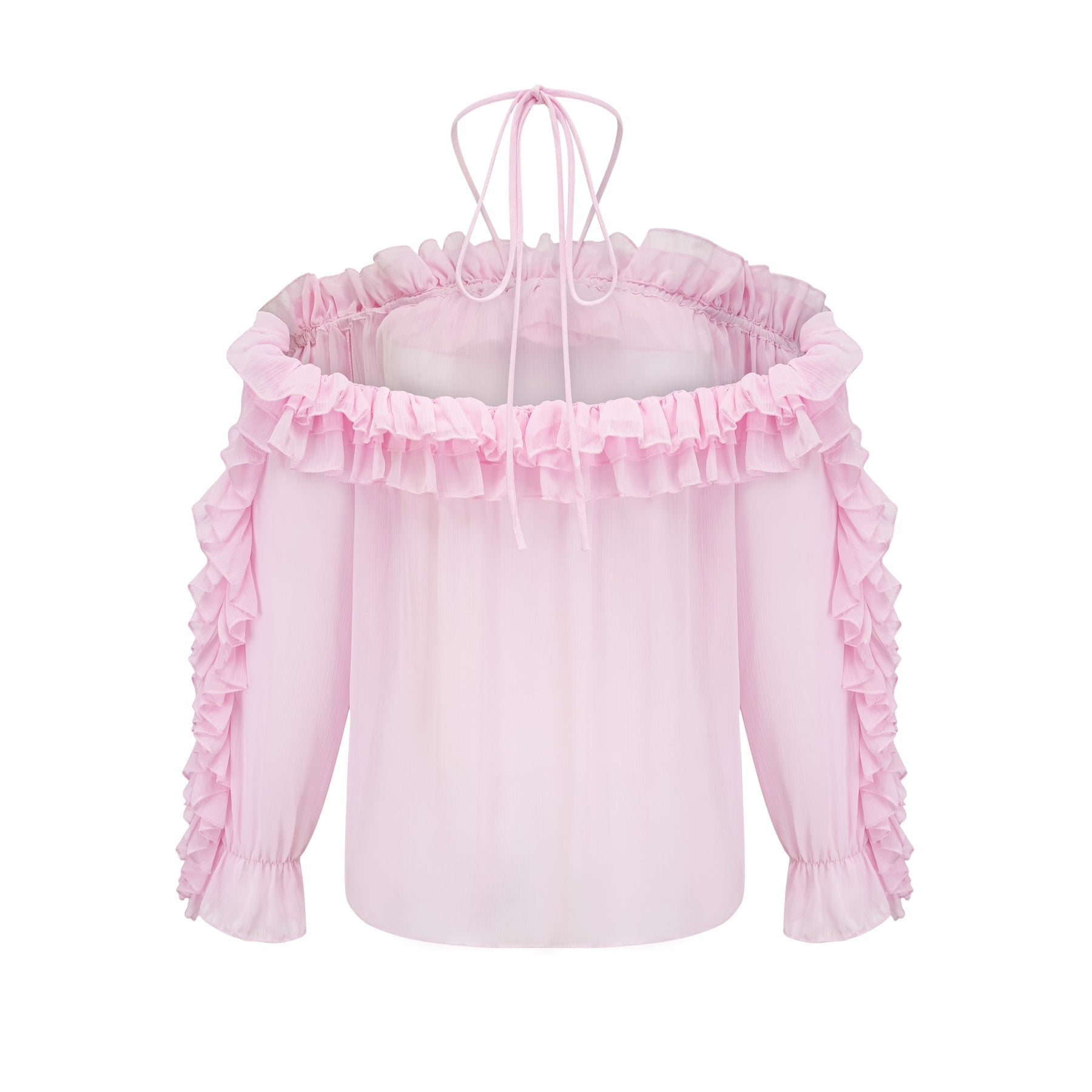 Amara Halter Blouse - Ruffle Trim - Floral Appliqué - Long Sleeves - Sheer Look