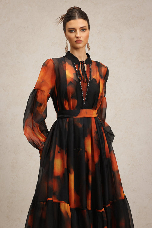 Amari Black Abstract Maxi Dress with Pleated Skirt and Billowy Sleeves