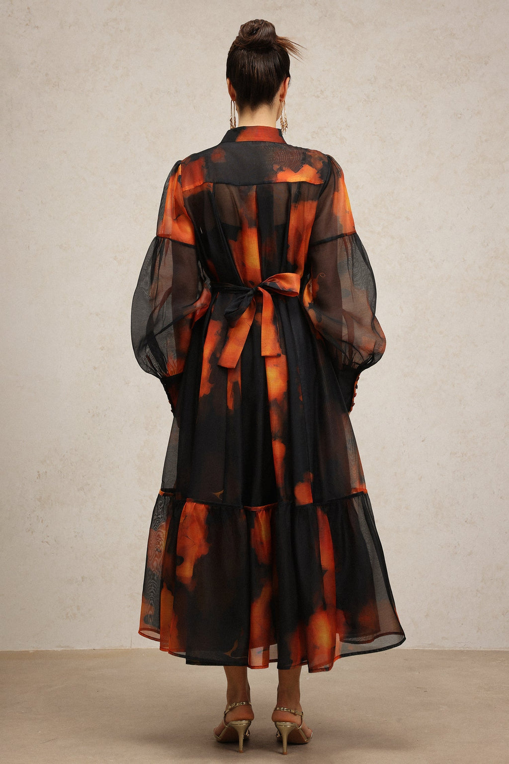 Amari Black Abstract Pattern Maxi Dress with Pleated Skirt and Billowy Sleeves