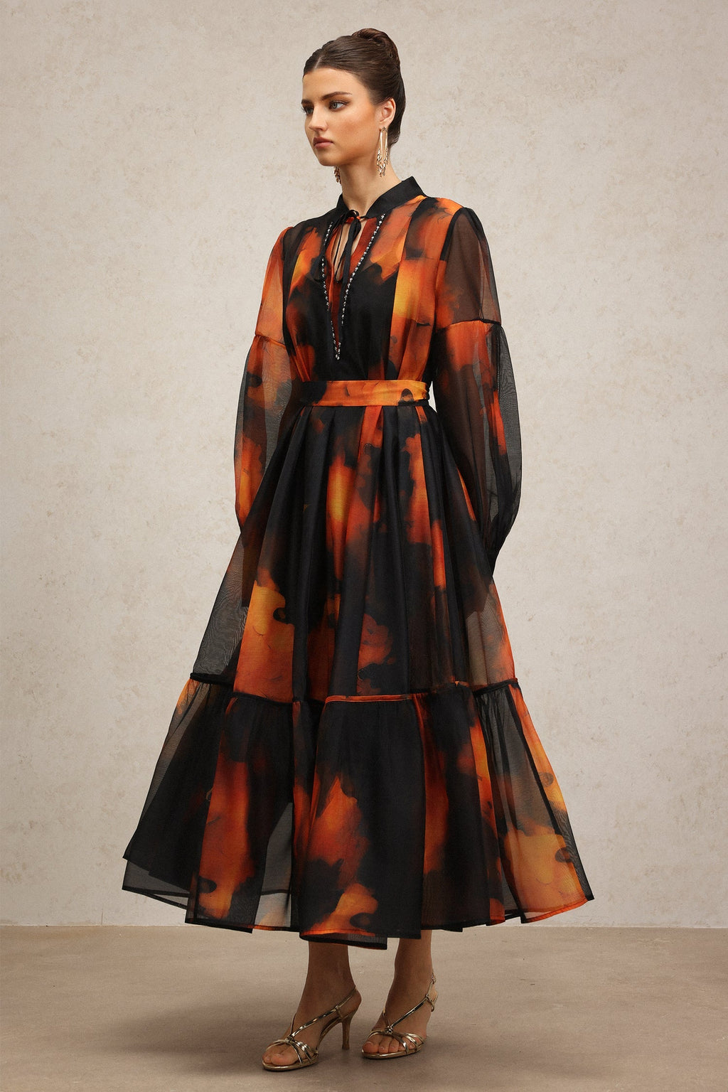 Amari Black Abstract Pattern Maxi Dress with Collared Neckline and Tie Detail