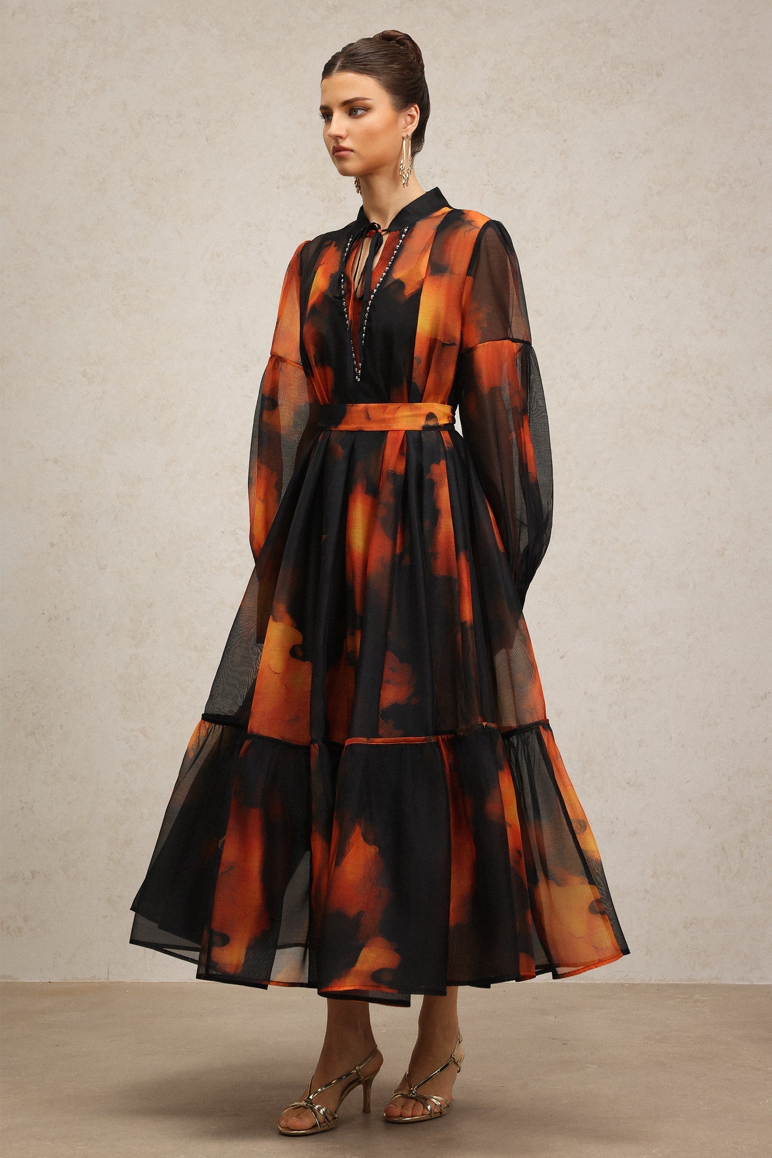 Amari Black Abstract Pattern Maxi Dress with Collared Neckline and Tie Detail