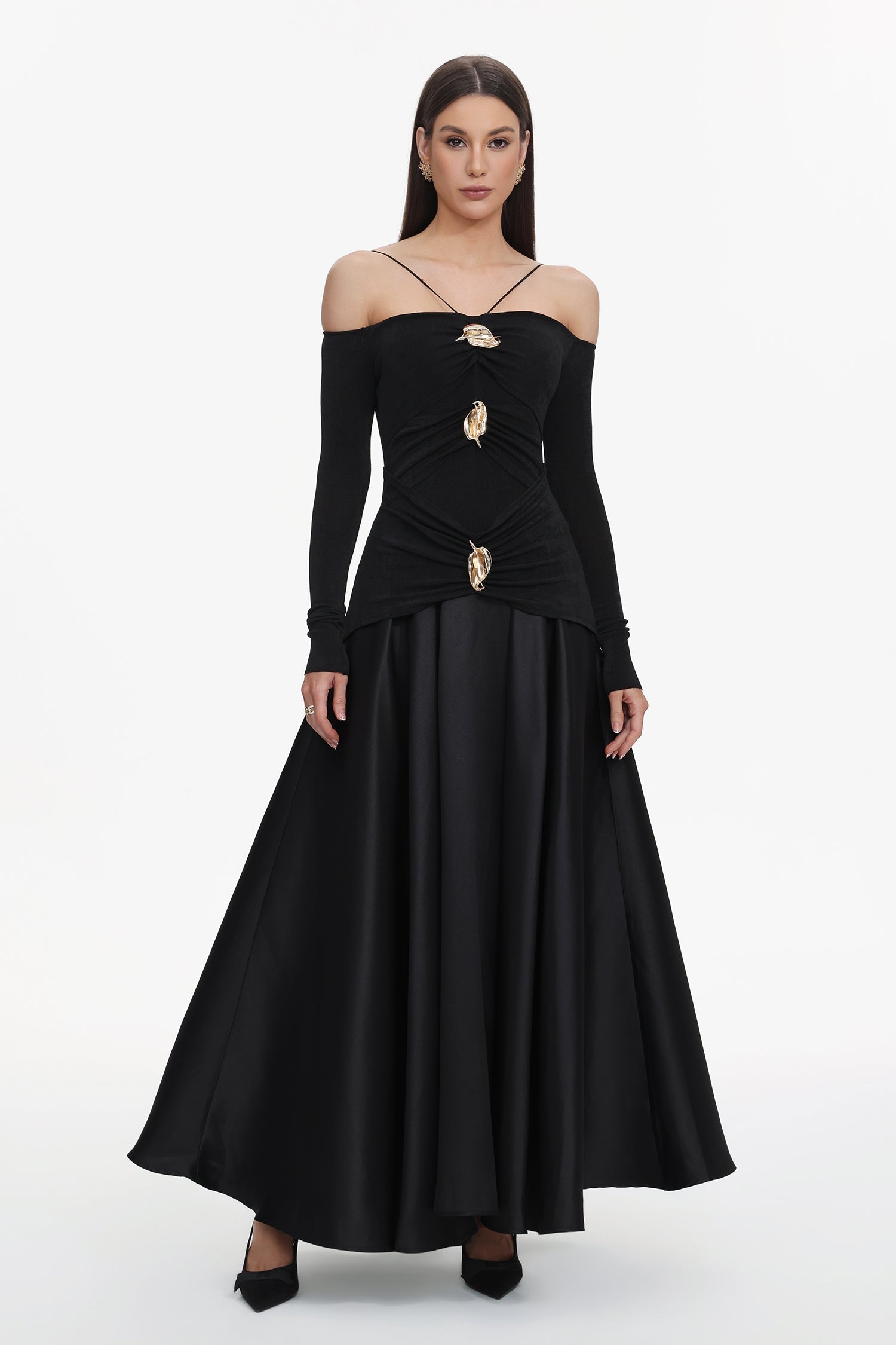 Amari Black Halter Neckline Long Sleeve Ruched Detailing Dress