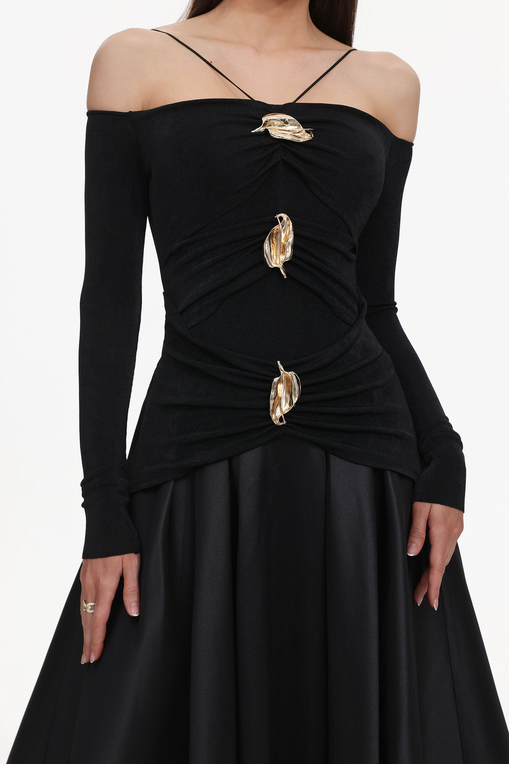 Amari Black Halter Neckline Long Sleeve Ruched Detailing Dress with Embellishments