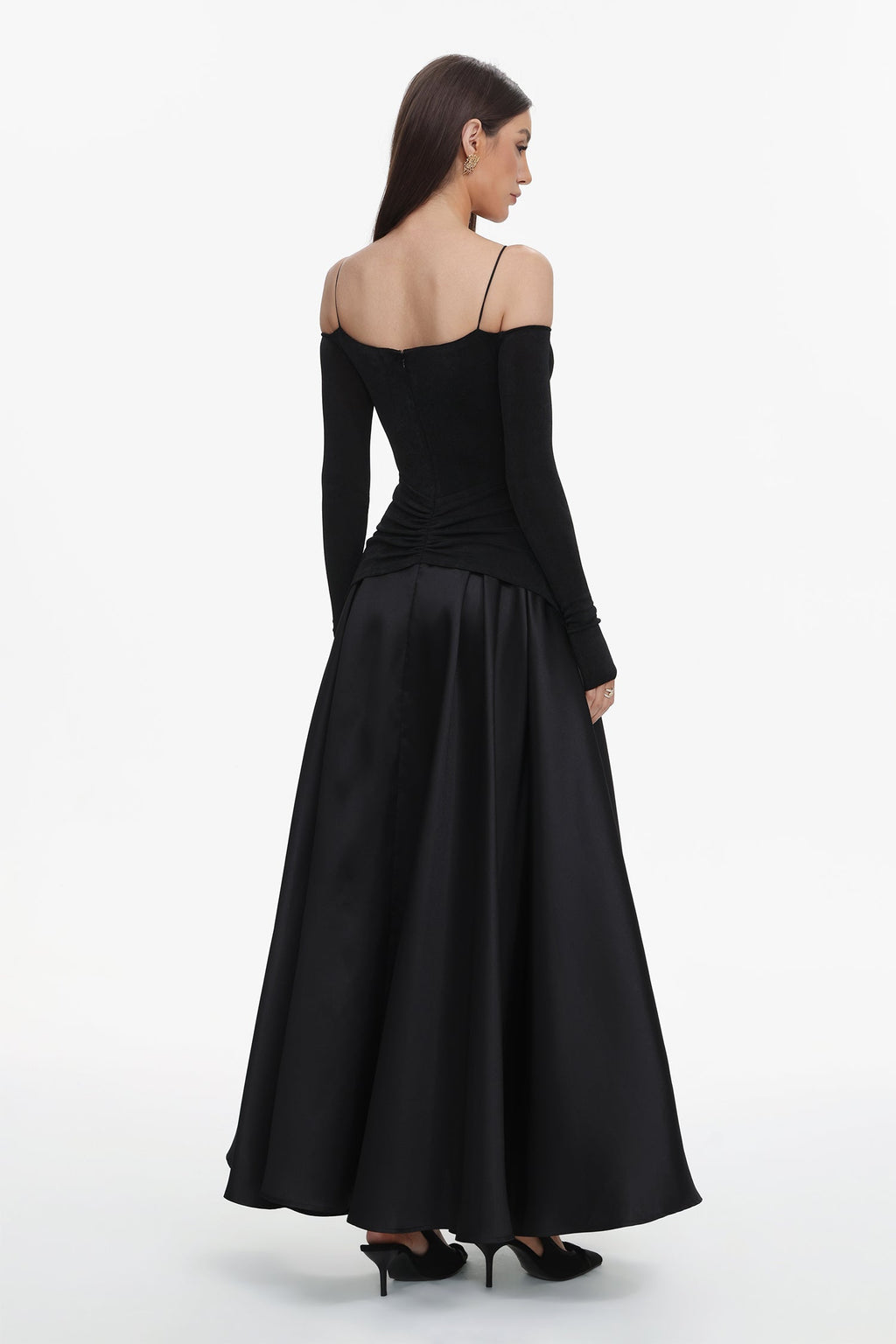 Amari Black Halter Neckline Long Sleeve Ruched Detailing Dress