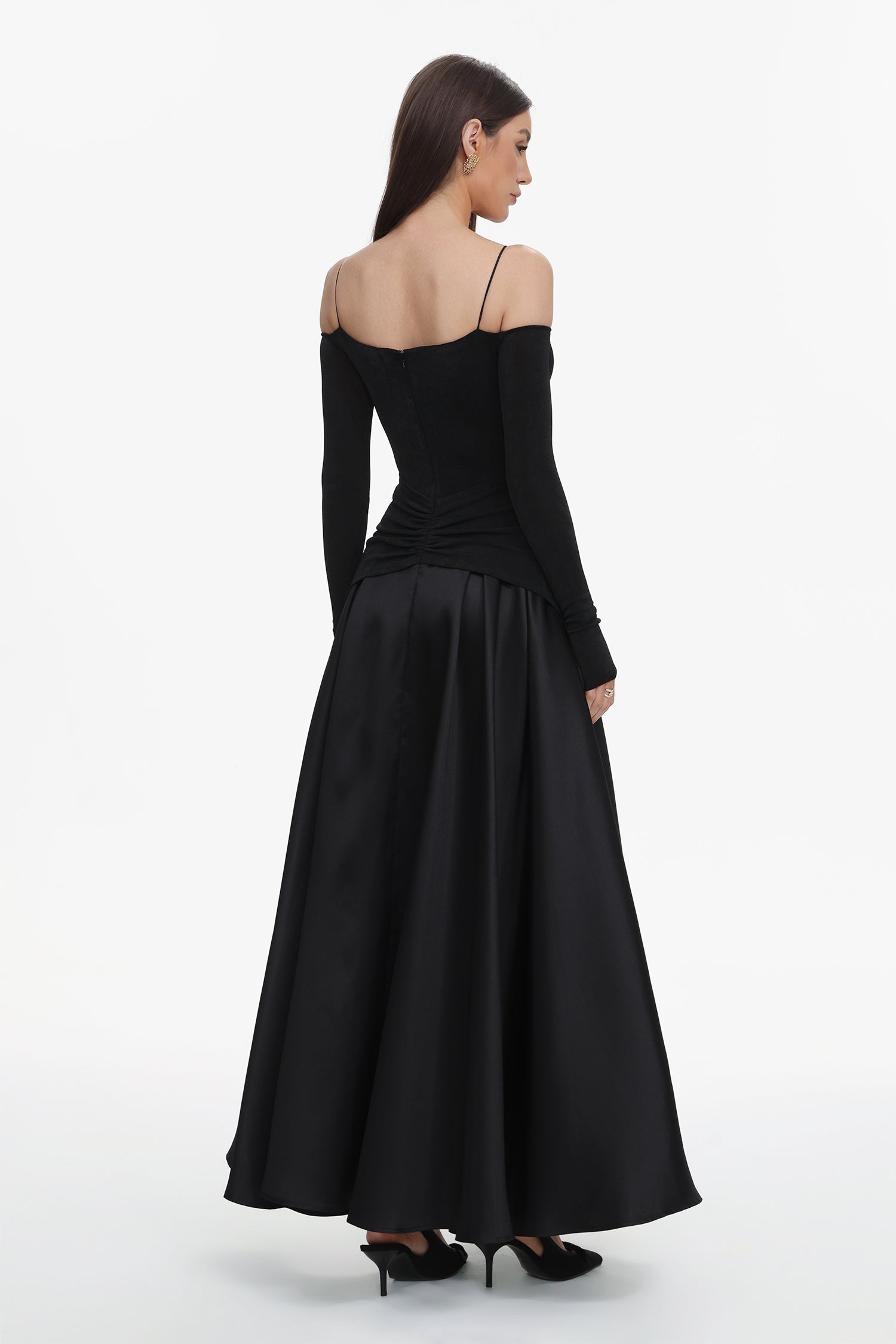 Amari Black Halter Neckline Long Sleeve Ruched Detailing Dress