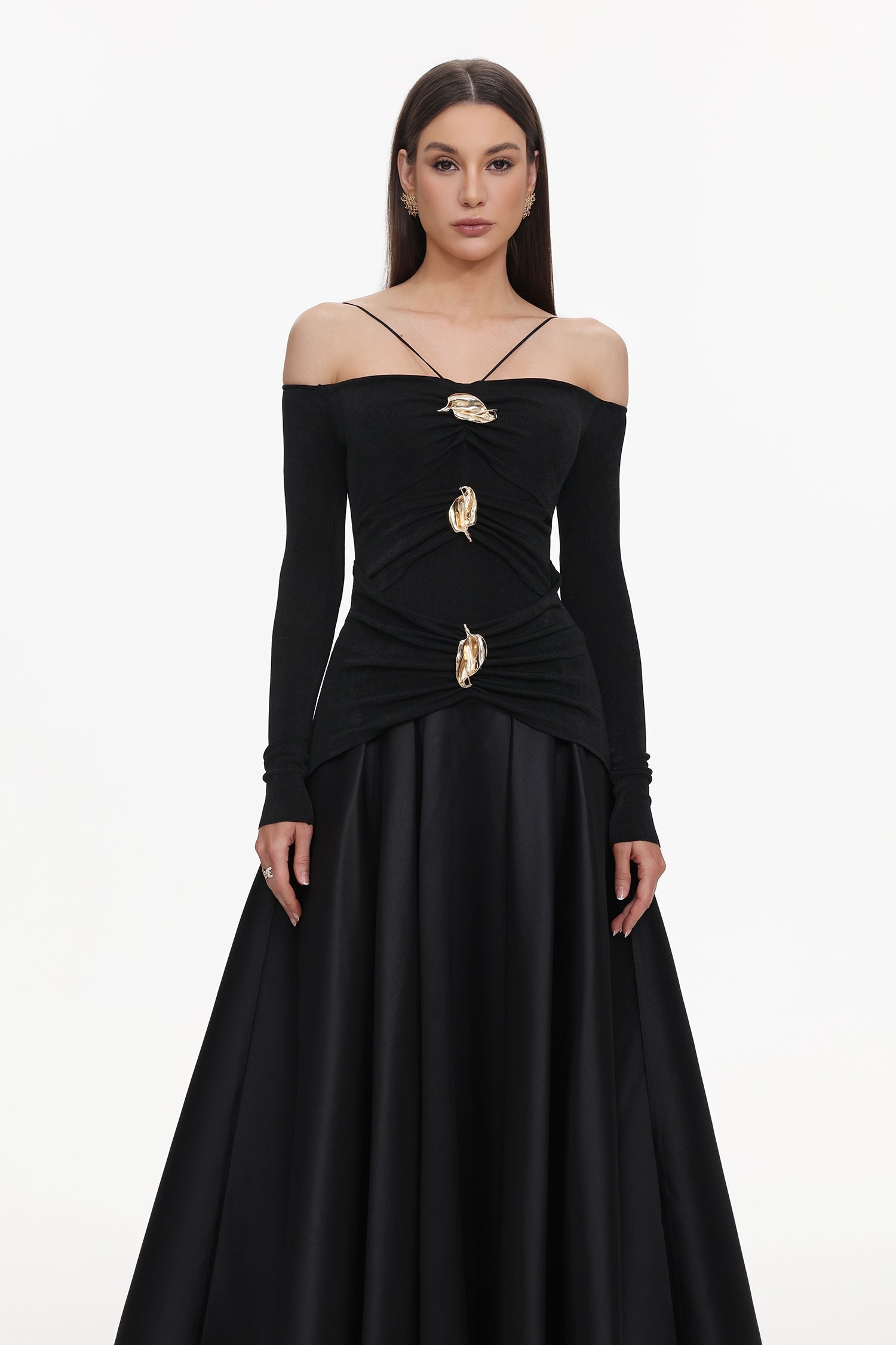 Amari Black Halter Neckline Long Sleeve Ruched Detailing Dress