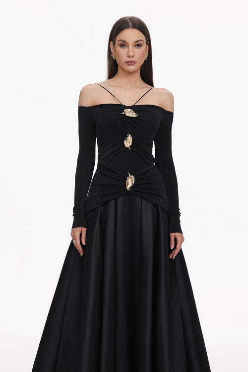 Amari Black Halter Neckline Long Sleeve Ruched Detailing Dress