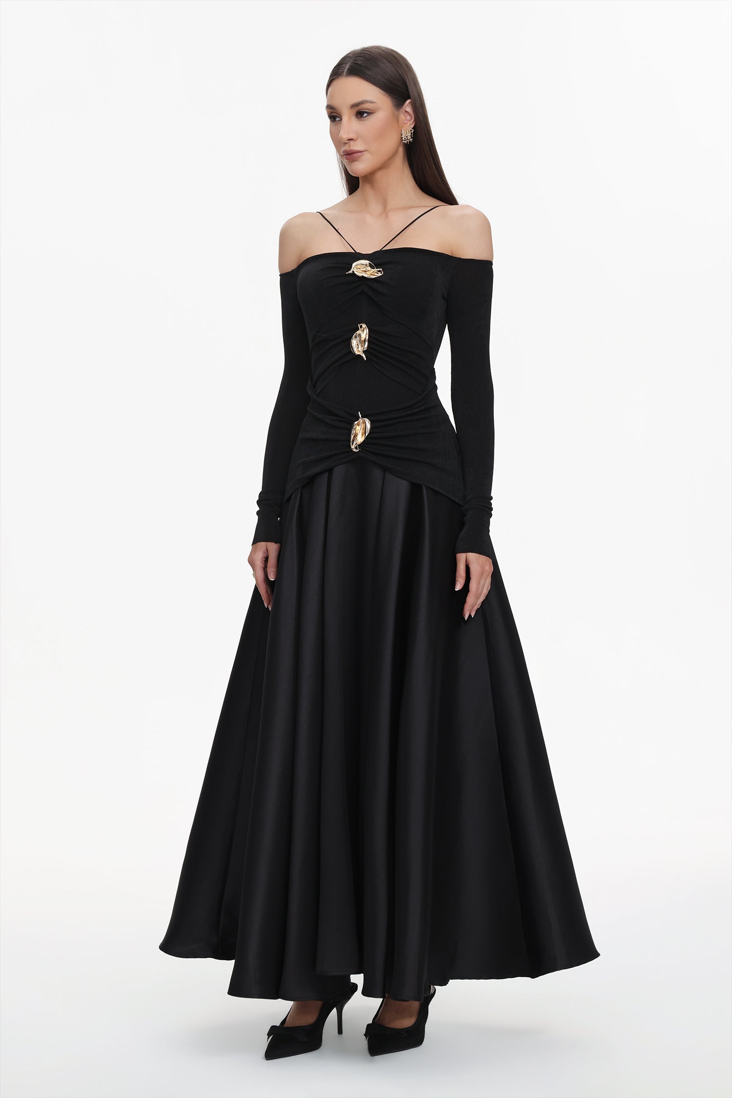 Amari Black Halter Neckline Long Sleeve Ruched Detailing Dress with Embellishments