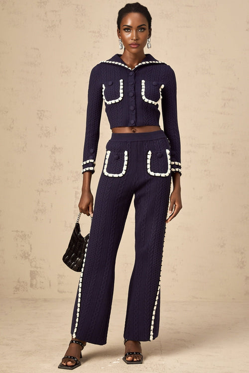 Amari Cardigan & Trousers - Sailor Collar - Chunky Crochet Knit - Front Button Fastening - Elasticated Waistband