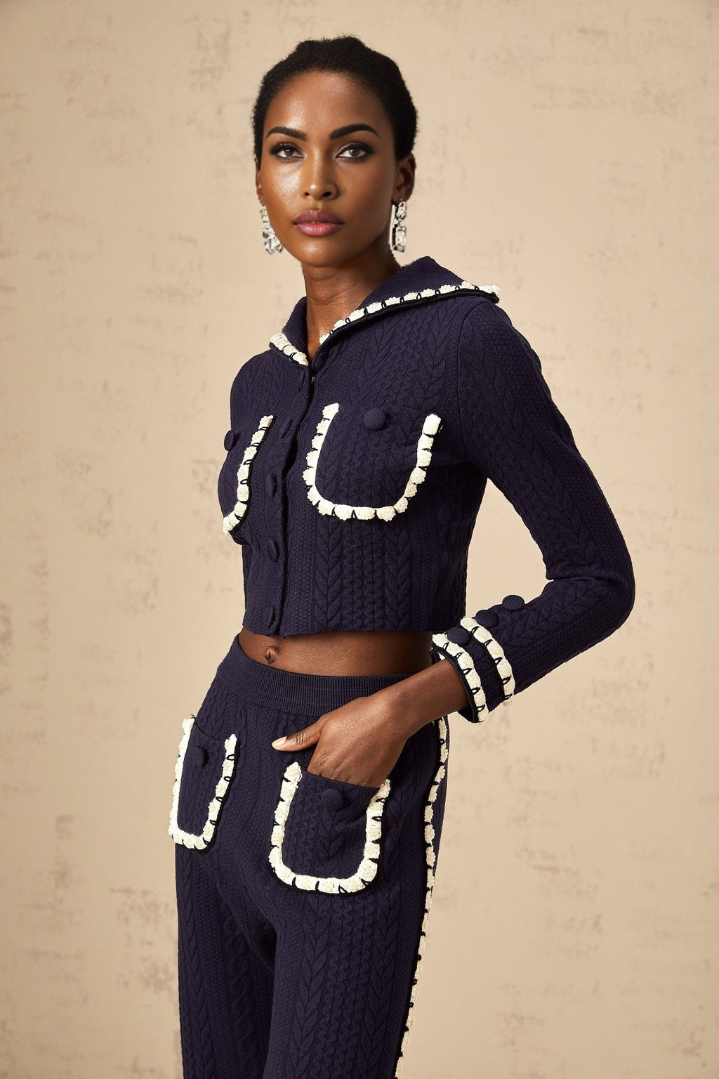 Amari Cardigan & Trousers - Sailor Collar - Chunky Crochet Knit - Front Button Fastening - Elasticated Waistband