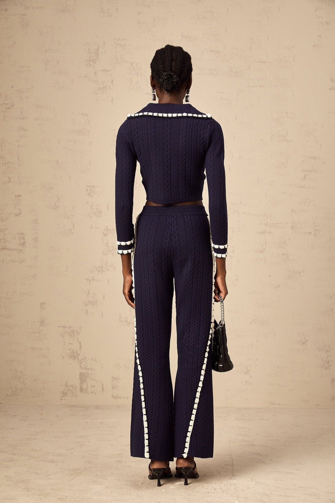 Amari Cardigan & Trousers - Sailor Collar - Chunky Crochet Knit - Front Button Fastening - Elasticated Waistband