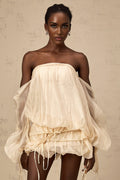 Amaya Mini Dress - Off - the - shoulder Style - Long Puff Sleeves - Adjustable Self - tie Design - Ruched Detailing