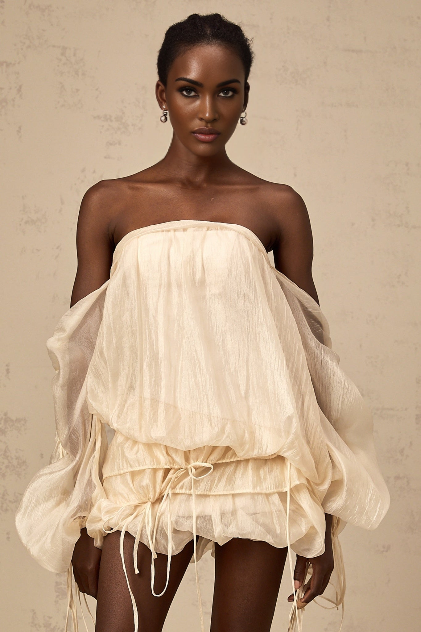 Amaya Mini Dress - Off - the - shoulder Style - Long Puff Sleeves - Adjustable Self - tie Design - Ruched Detailing