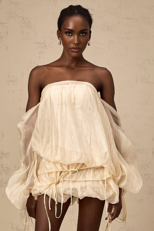 Amaya Mini Dress - Off - the - shoulder Style - Long Puff Sleeves - Adjustable Self - tie Design - Ruched Detailing