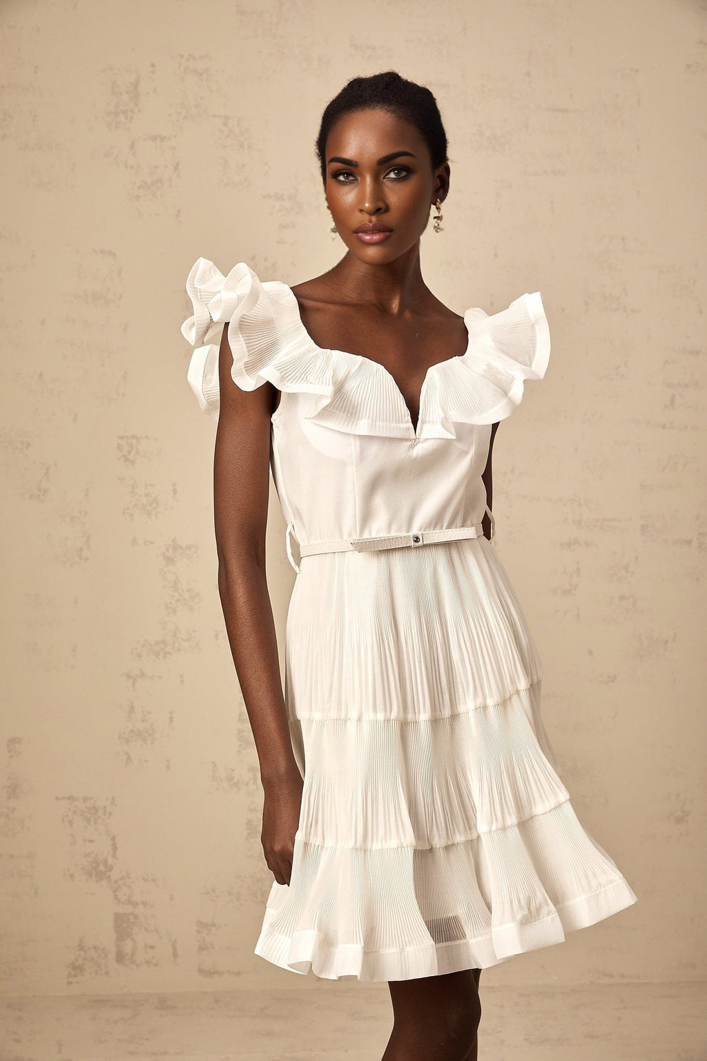 Amaya Mini Dress - Sweetheart Neck - Frilled Neckline - Pleated Detailing - Boned Bodice - Belt Loops