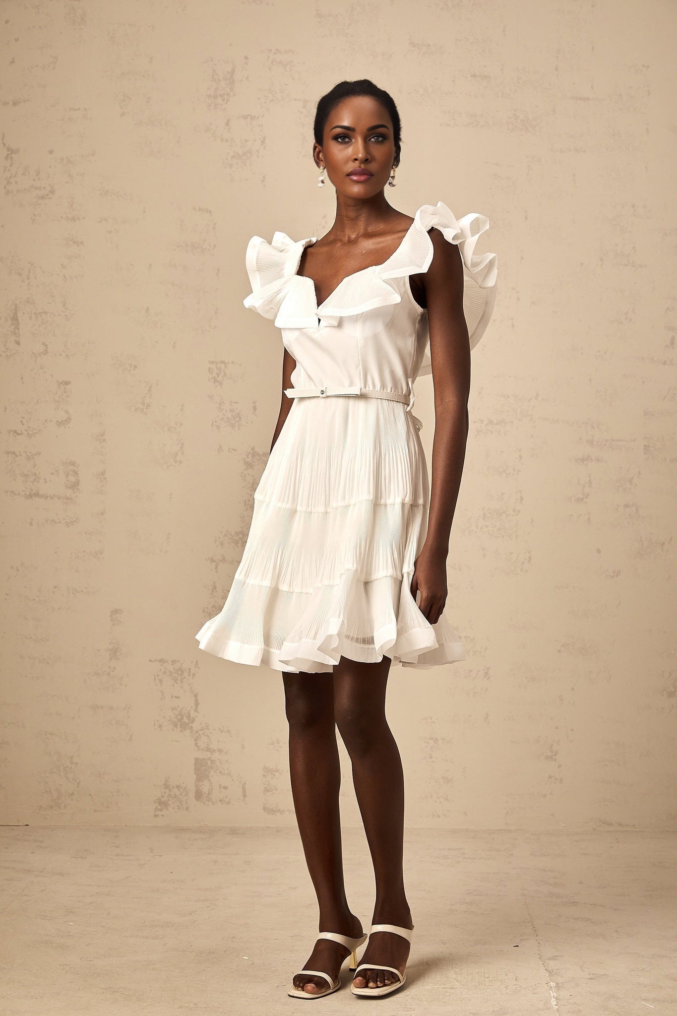 Amaya Mini Dress - Sweetheart Neck - Frilled Neckline - Pleated Detailing - Boned Bodice - Belt Loops