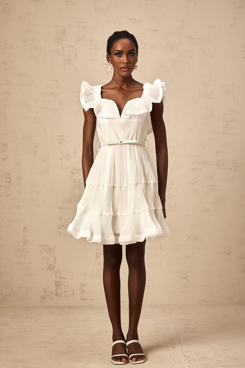 Amaya Mini Dress - Sweetheart Neck - Frilled Neckline - Pleated Detailing - Boned Bodice - Belt Loops