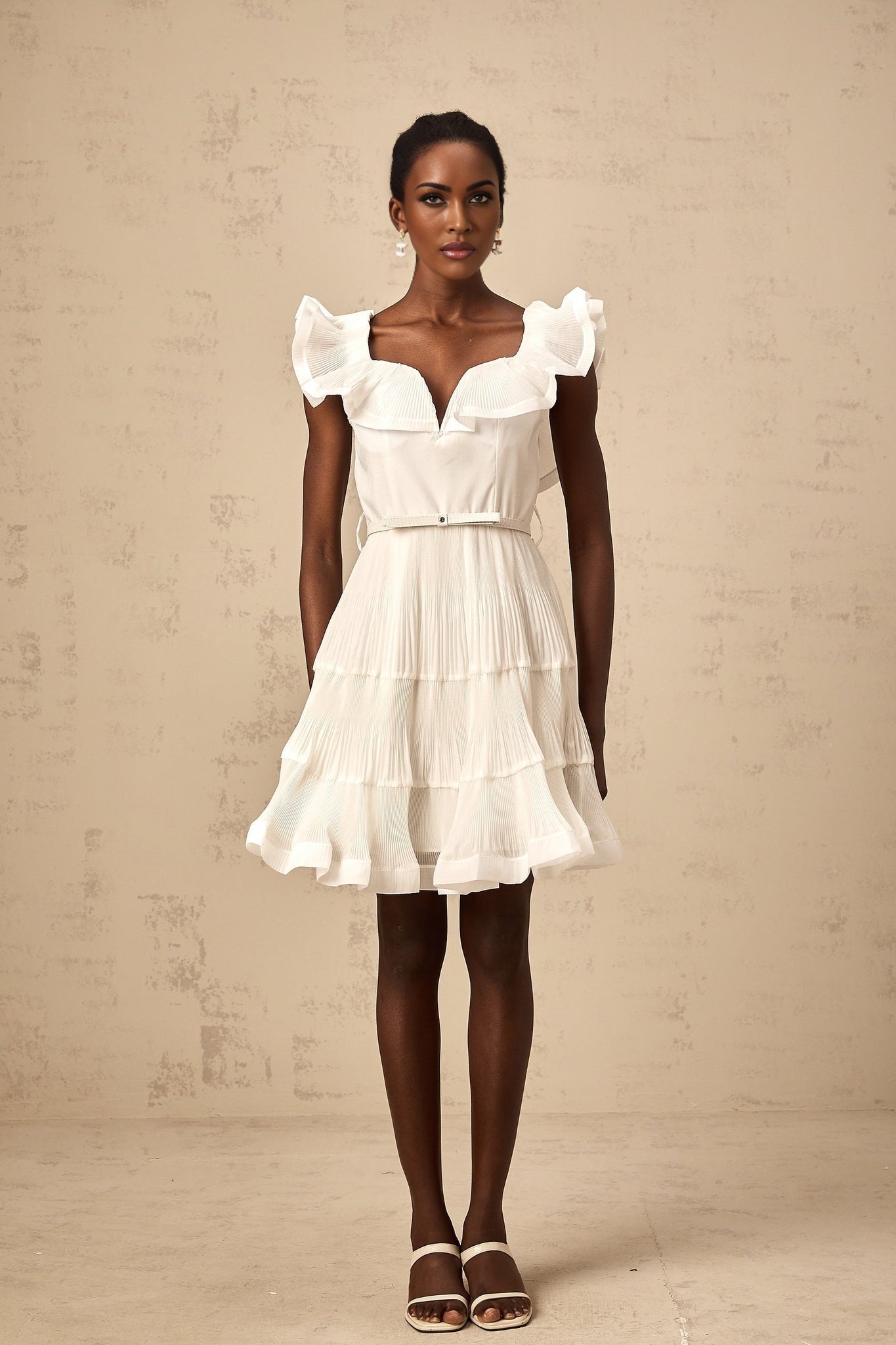 Amaya Mini Dress - Sweetheart Neck - Frilled Neckline - Pleated Detailing - Boned Bodice - Belt Loops