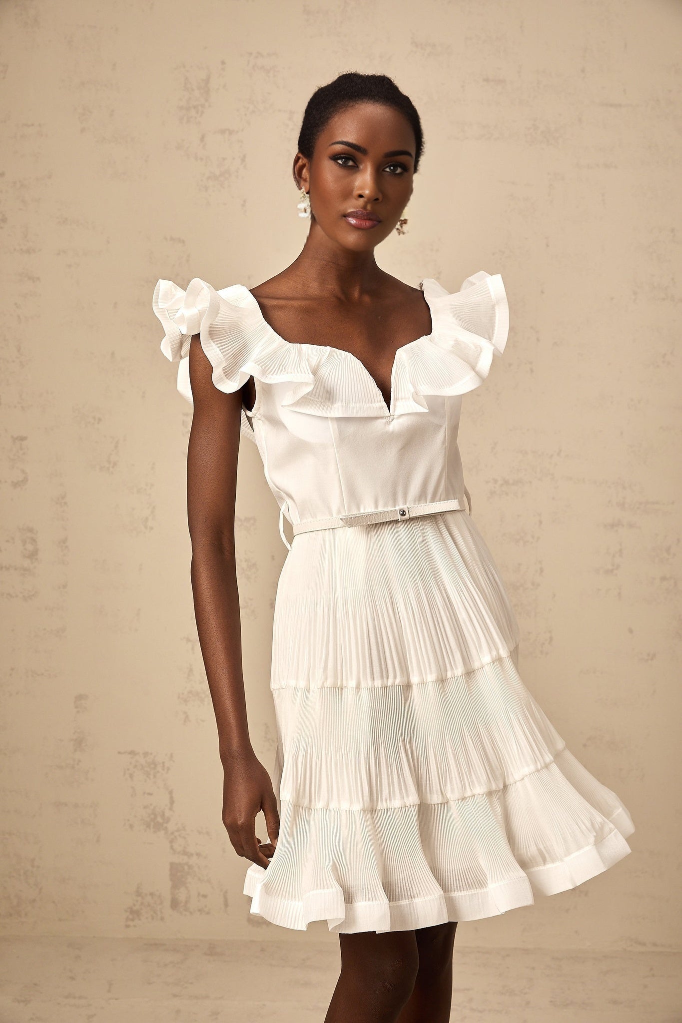 Amaya Mini Dress - Sweetheart Neck - Frilled Neckline - Pleated Detailing - Boned Bodice - Belt Loops