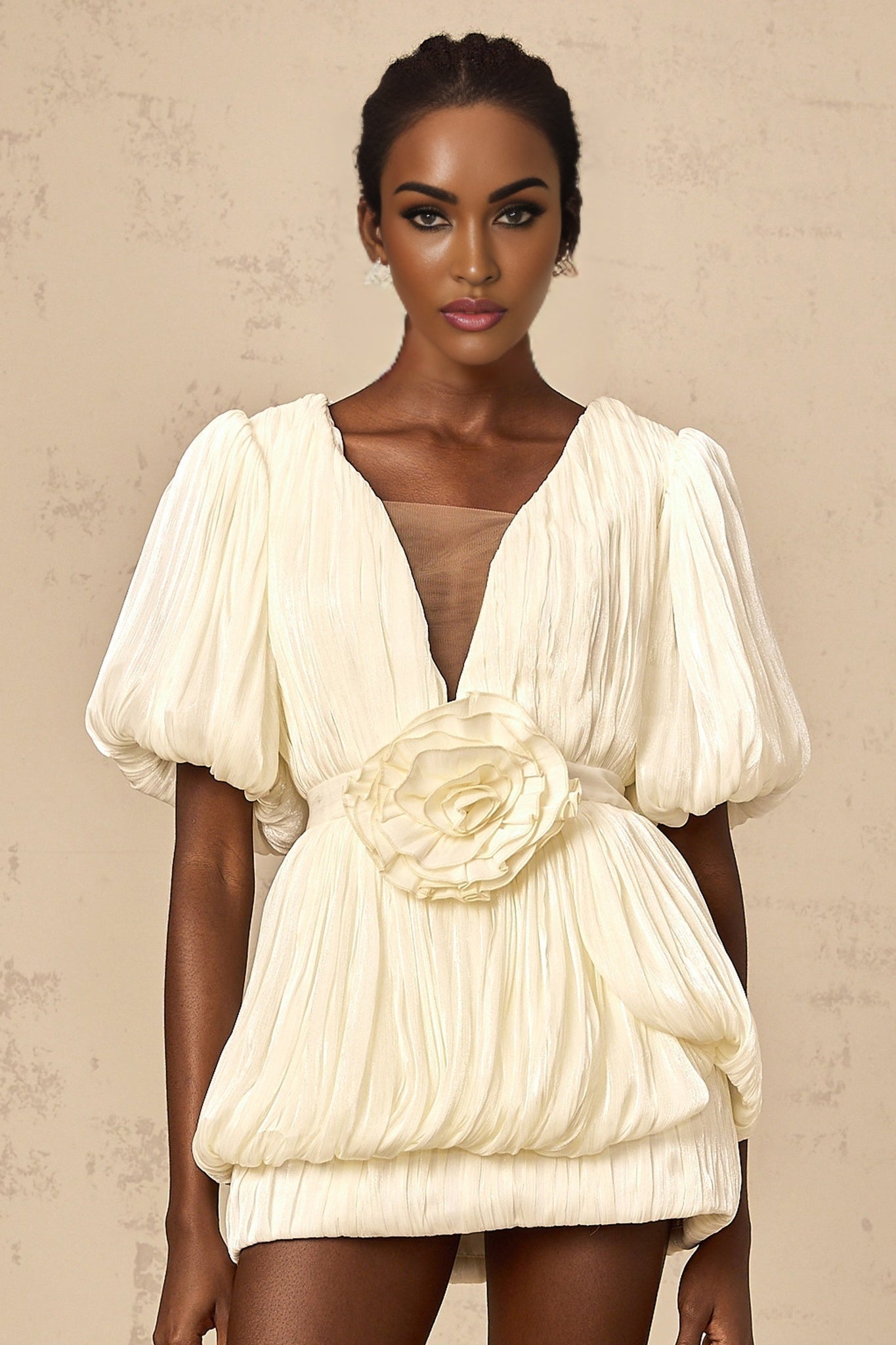 Amaya Mini Dress – V Neck – Floral - Appliqué – Bubble Skirt