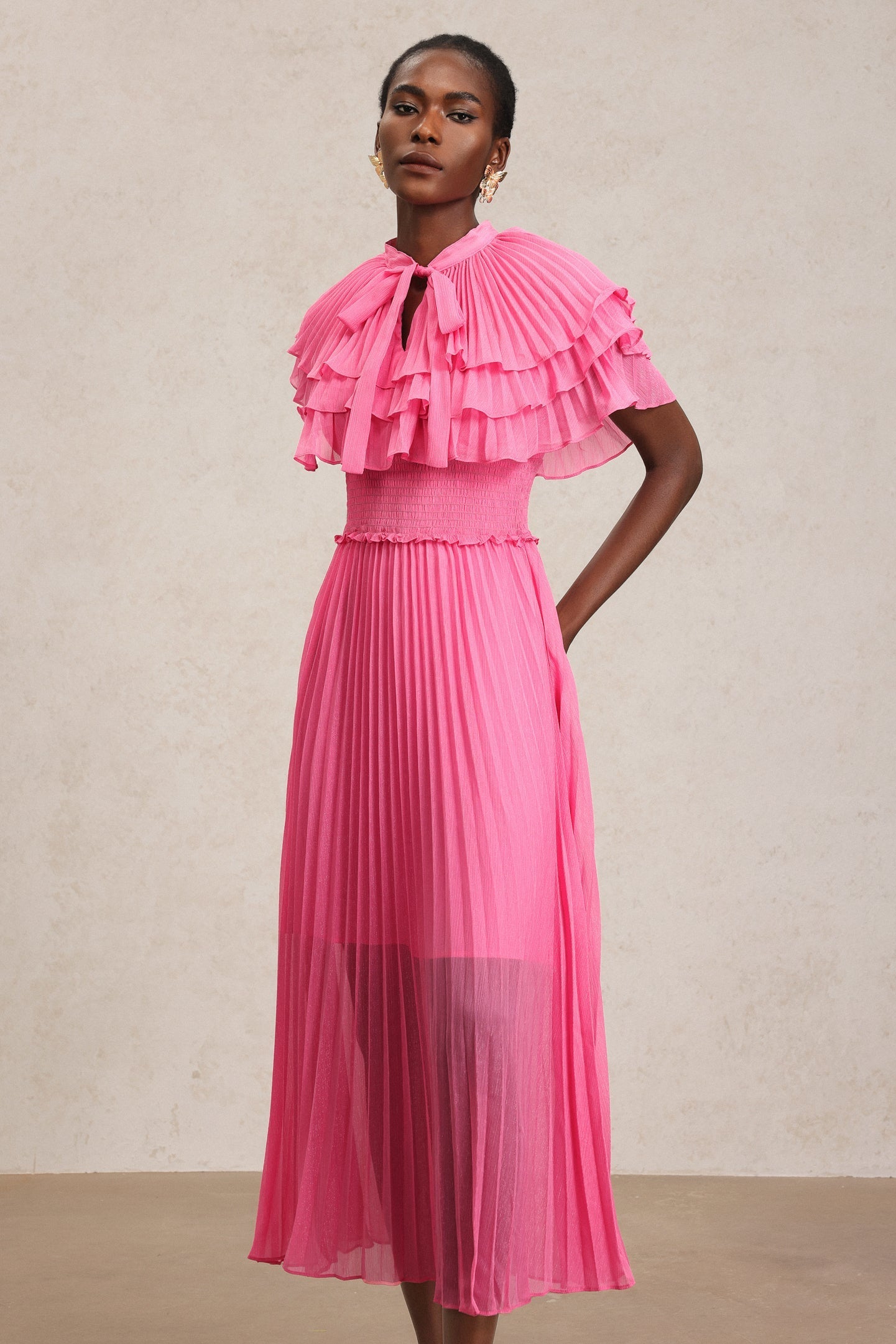 Amaya Pink Ruffled Neckline Smocked Waist Pleated Detailing Dress