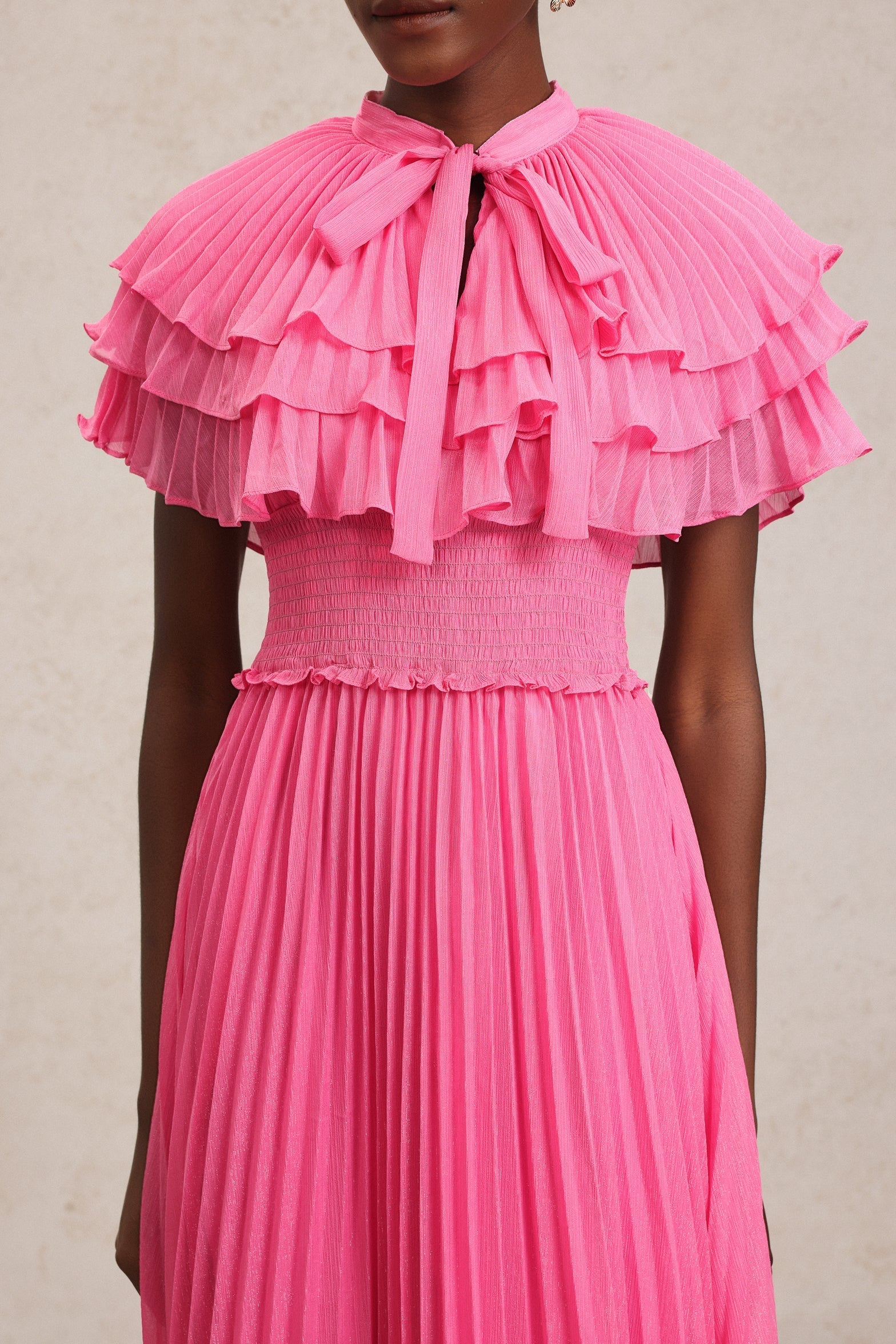 Amaya Pink Ruffled Neckline Smocked Waist Pleated Detailing Dress