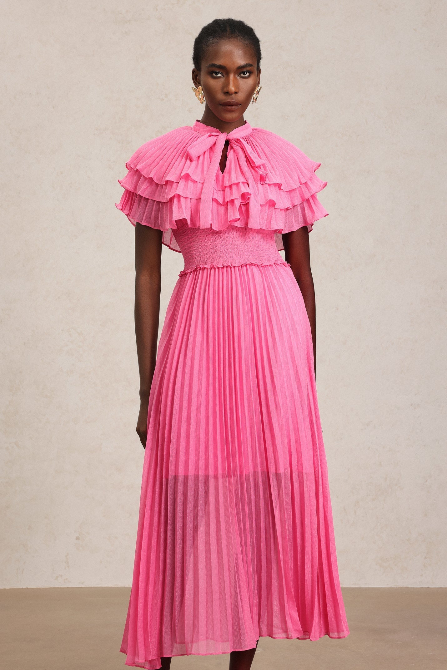 Amaya Pink Ruffled Neckline Smocked Waist Pleated Detailing Dress