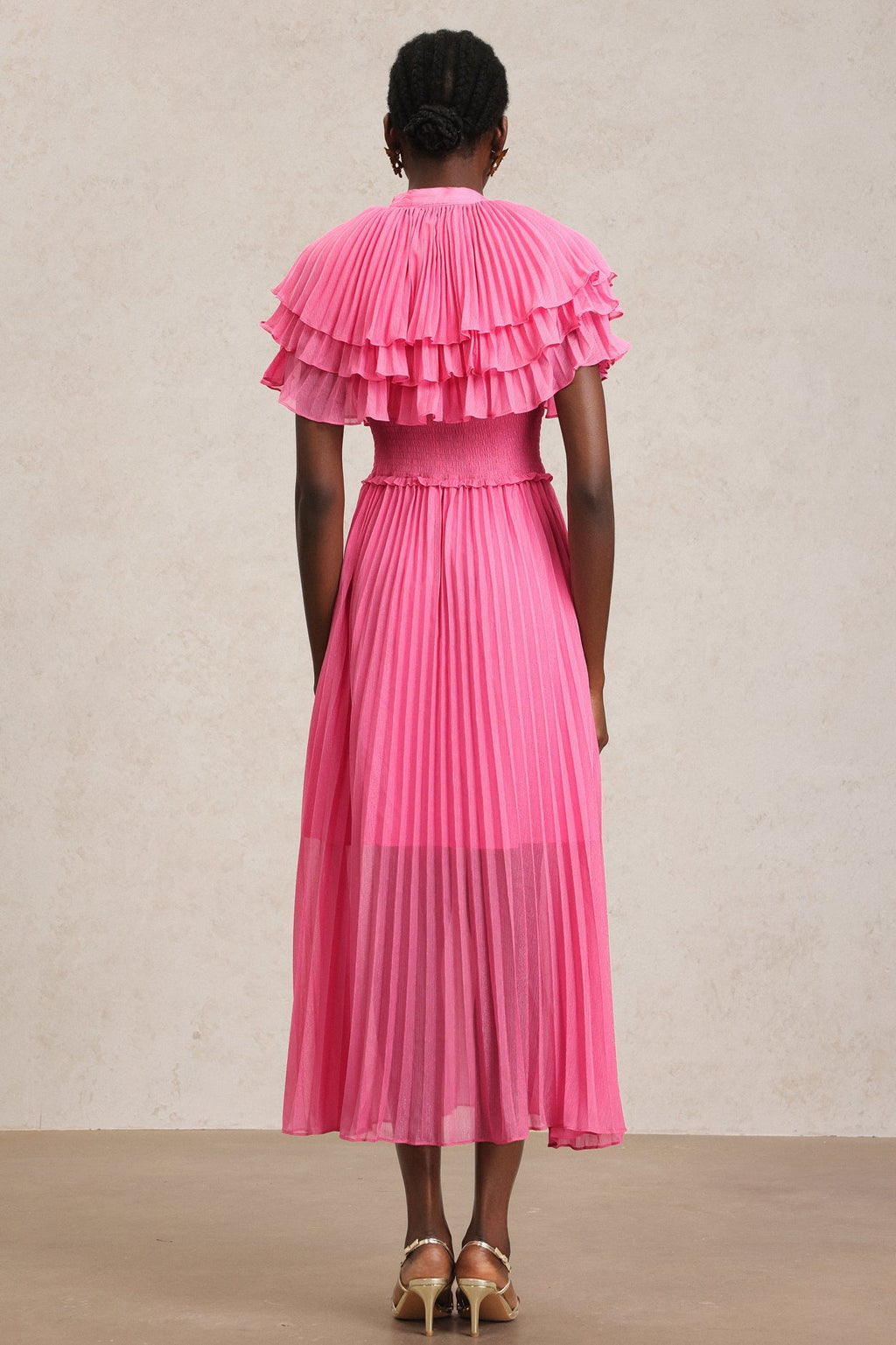 Amaya Pink Ruffled Neckline Smocked Waist Pleated Detailing Dress