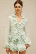 Amber Blouse & Skirt - Chiffon - V - Neckline - Flounced Detailing - Crystal Embellishment